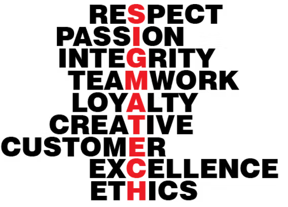 SIGMATECH values acrostic — Respect, Passion, Integrity, Teamwork, Loyalty, Creative, Customer, Excellence, and Ethics arranged so the word SIGMATECH runs vertically in red through the center